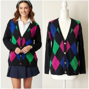 Vintage 90s Wool Blend Argyle Cardigan Black Colorblock Preppy Academia Size L